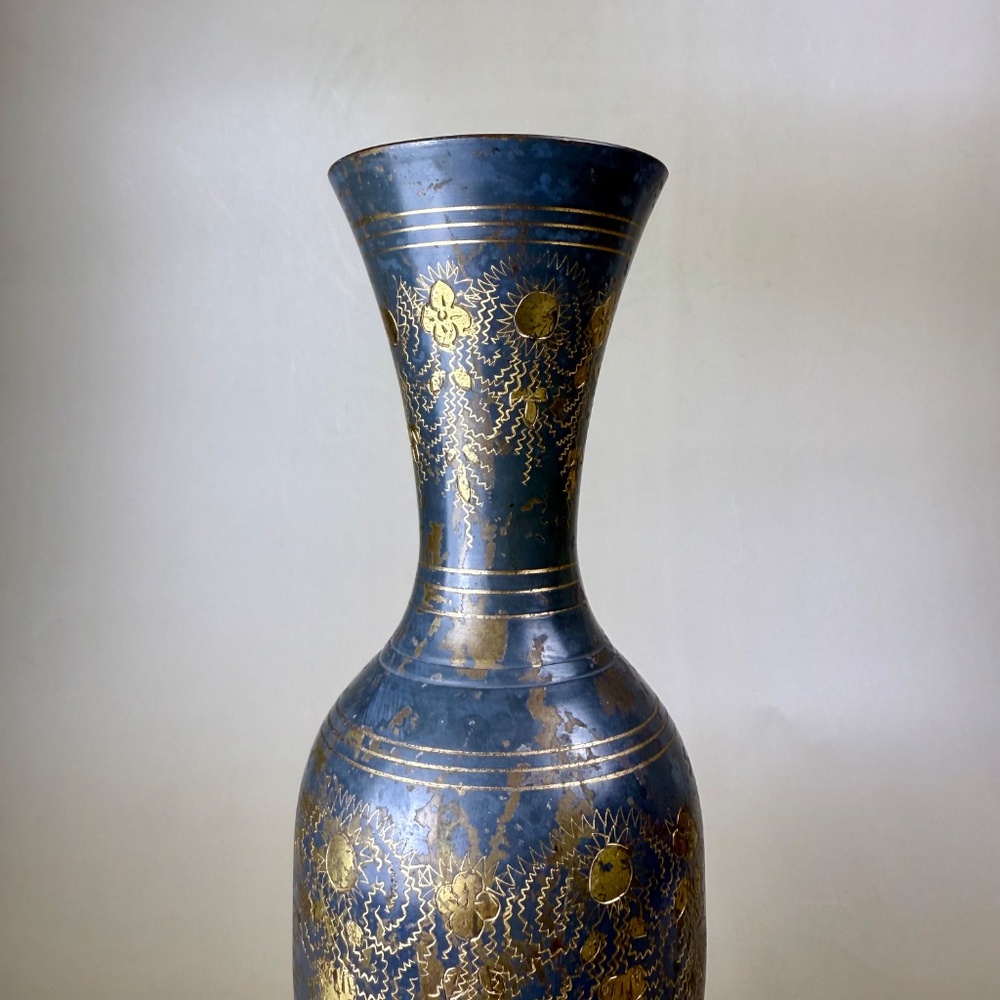 Vintage Brass Vase | Hand-Etched Floral Design | 11.75" Tall - Picture 6 of 10